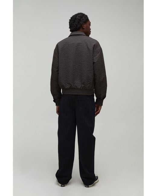 BoohooMAN Gray Boxy Fit Textured Check Harrington Jacket for men