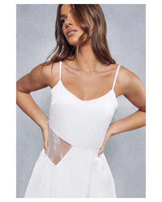 MissPap White Satin Plunge Neck Lace Insert Mini Slip Dress