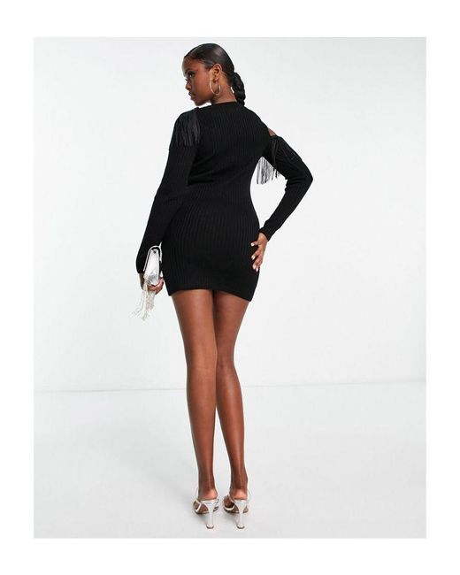 ASOS Black Knitted Mini Dress With Fringe Cut Out Detail