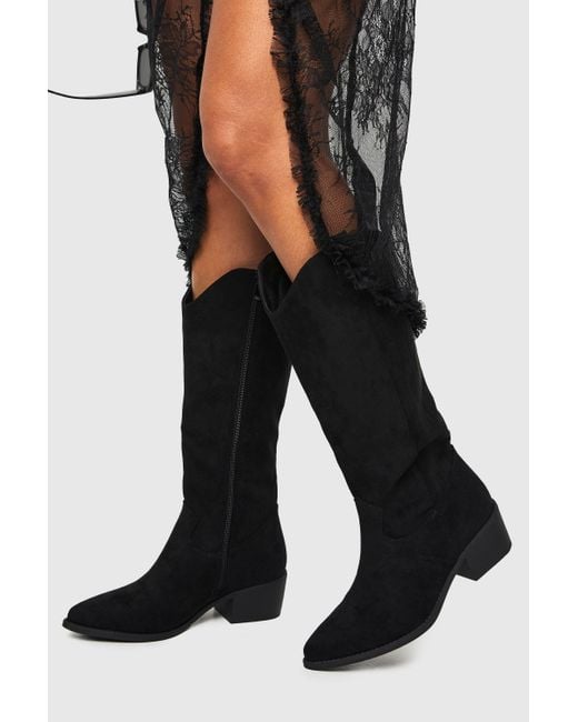Boohoo Black Knee High Faux Suede Western Boots