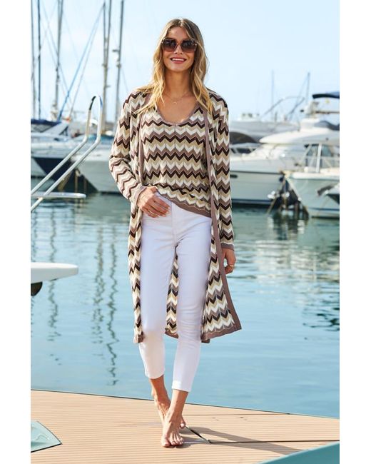 Sosandar Blue Neutral Metallic Chevron Print Longline Cardigan