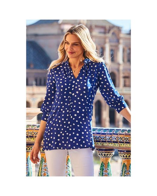Sosandar Blue Cobalt & Spot Print Tie Neck Blouse Viscose