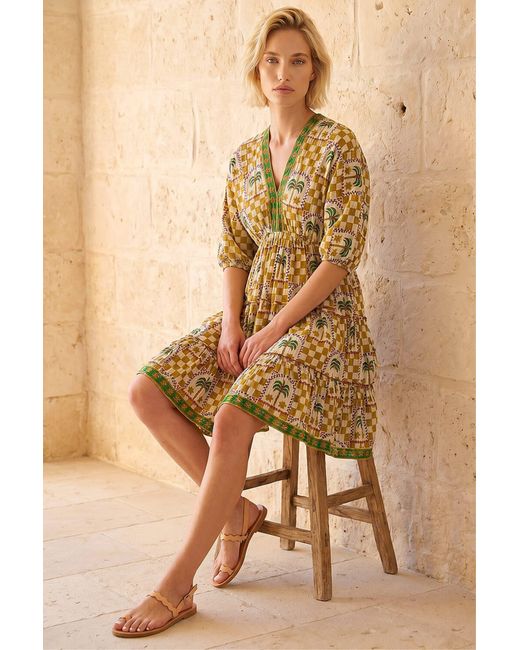 Roman Natural Palm Check Print Boho Dress