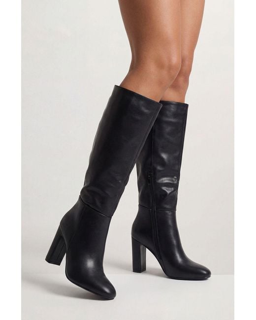 MissPap Black Almond Toe High Block Heel Knee Boots