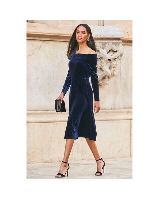Sosandar Blue Midnight Velvet Embellished Sleeve Bardot Dress