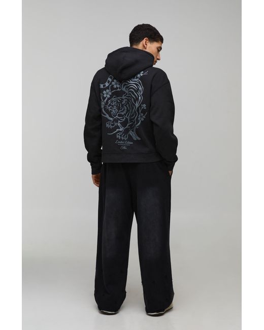 BoohooMAN Blue Washed Oversized Boxy Tonal Tiger Puff Print Hoodie Cotton for men