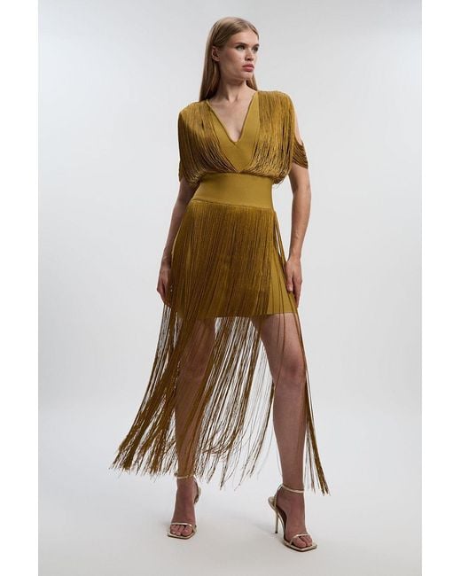Karen Millen Natural Figure Form Bandage Knit Fringe Detail Dress