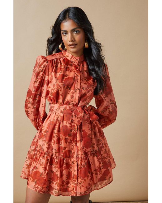 Oasis Red Organza Mini Shirt Dress