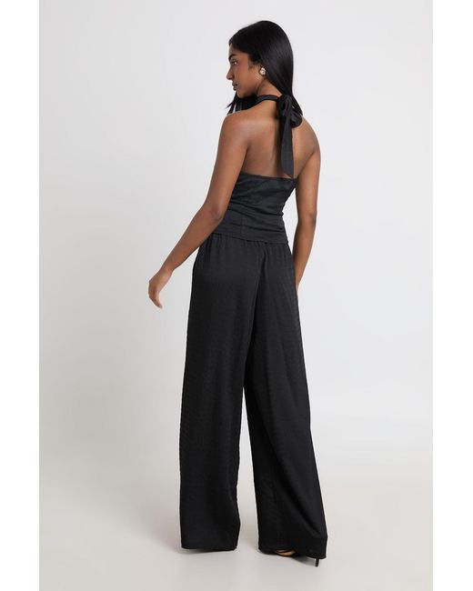 Boohoo Black Textured Woven High Neck Top And Wide Leg Trouser Set