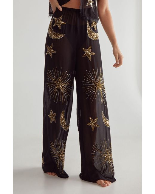 Nasty Gal Black Embellished Moon & Star Wide Leg Beach Trouser