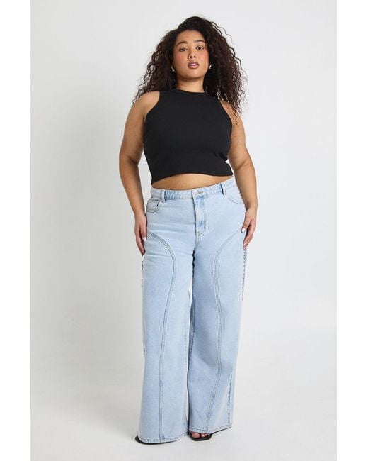 Boohoo Blue Plus High Waist Studded Western Straight Leg Jean