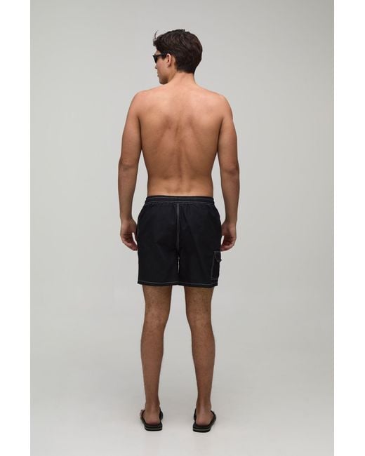 BoohooMAN Black Constrast Stitch Cargo Pocket Mid Length Swim Short for men
