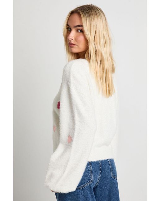 Boohoo White Fluffy Knit Heart Embroidered Oversized Knitted Cardigan