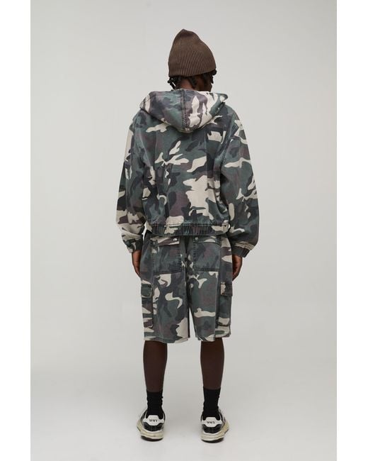BoohooMAN Gray Oversized Crop Camo Twill Hooded Overshirt for men