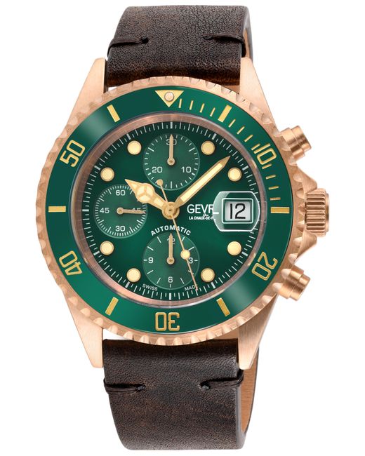 Gevril Green Wall Street Swiss Automatic Eta 7750 Ceramic Bezel, Genuine Handmade Italian Leather Watch for men