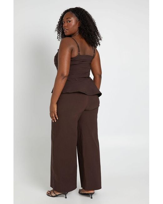 Boohoo Brown Plus Bengaline Bead Detail Asym Ruched Top & Wide Leg Trouser Co Ord