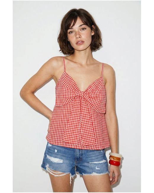 Bianco Lucci Red Cotton-Blend V-Neck Cami Blouse With Bow Detail
