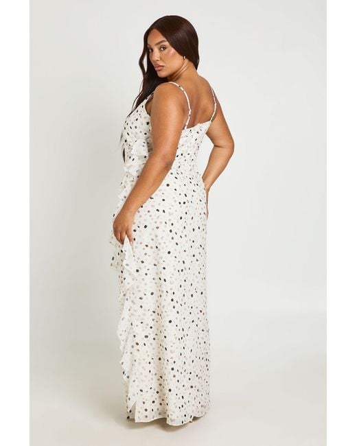 Boohoo Natural Plus Polka Dot Chiffon Cowl Ruffle Maxi Dress