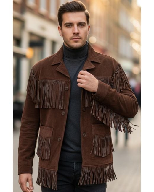 Infinity Leather Brown Western Retro Cowboy Suede Fringe Jacket for men