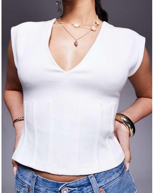 ASOS White Ponte Cinched Pleat Waist Plunge Neckline Top