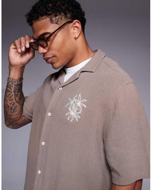 ASOS Gray Boxy Revere Shirt With Chest Embroidery for men