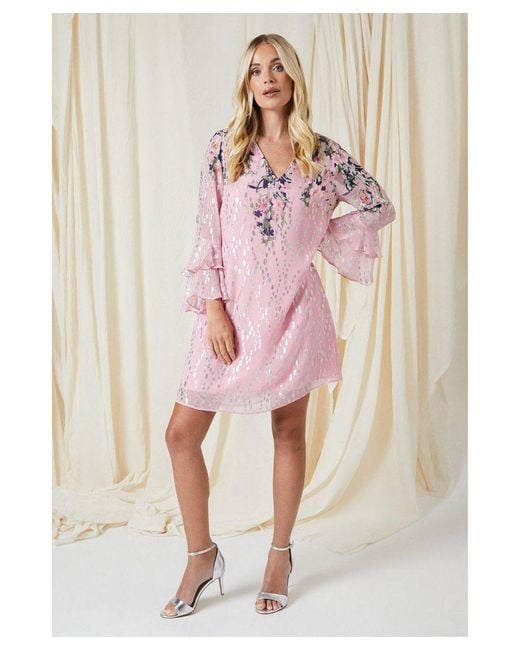 Wallis Petite Floral Metallic Ruffle Sleeve Shift Dress in Pink