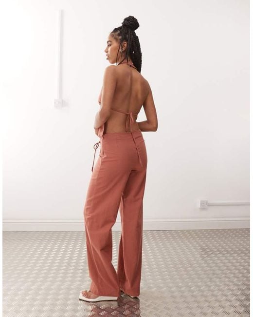 Motel Pink Cursa Sarong Overlay Bead Detail Linen Trousers