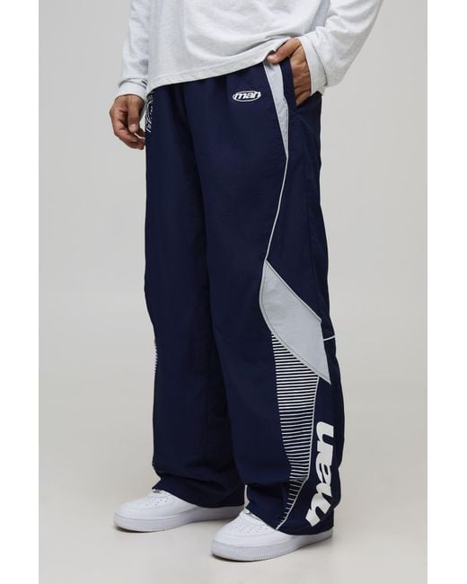 BoohooMAN Blue Baggy Elasticated Waist Moto Nylon Trousers for men