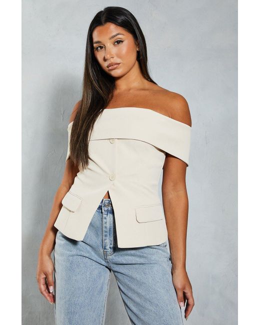 MissPap Blue Tailored Bardot Sleeveless Blazer Top