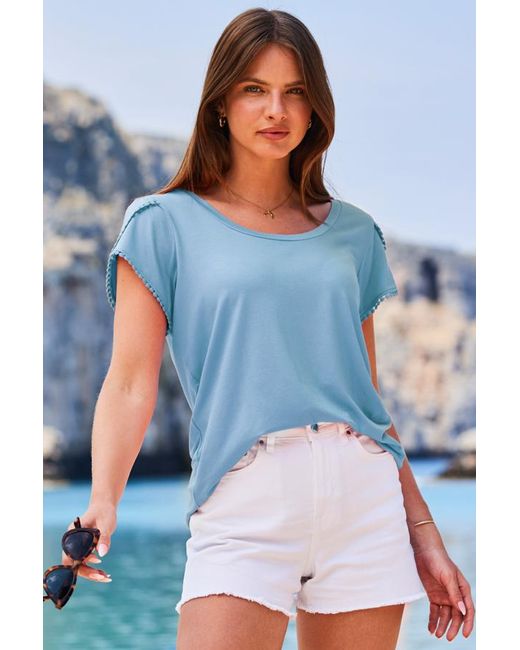 Sosandar Blue Powder Embroidered Trim T-Shirt