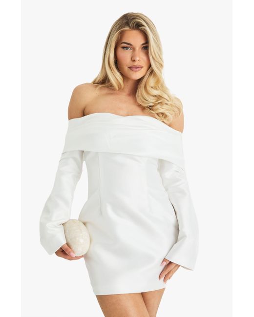 Boohoo White Satin Structured Bardot Mini Dress