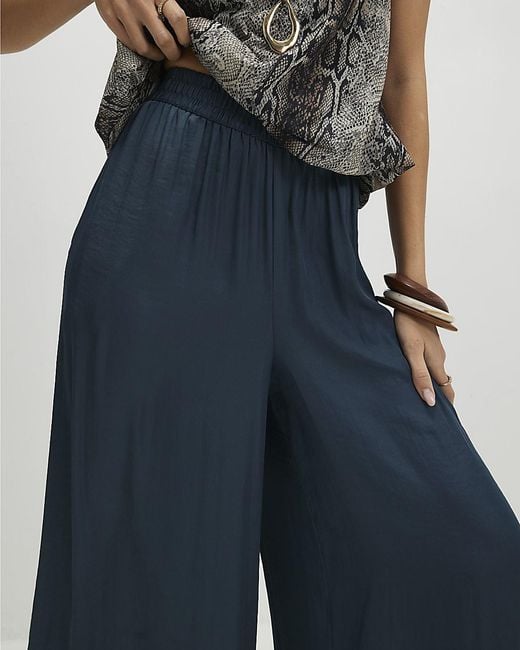 River Island Blue Trousers Satin Elasticated Flowing