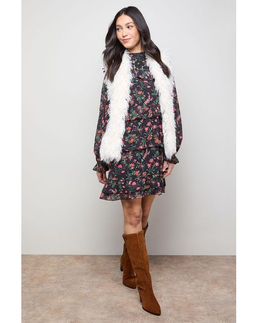 Oasis Black Printed Chiffon Lace Detail Tiered Long Sleeve Mini Dress