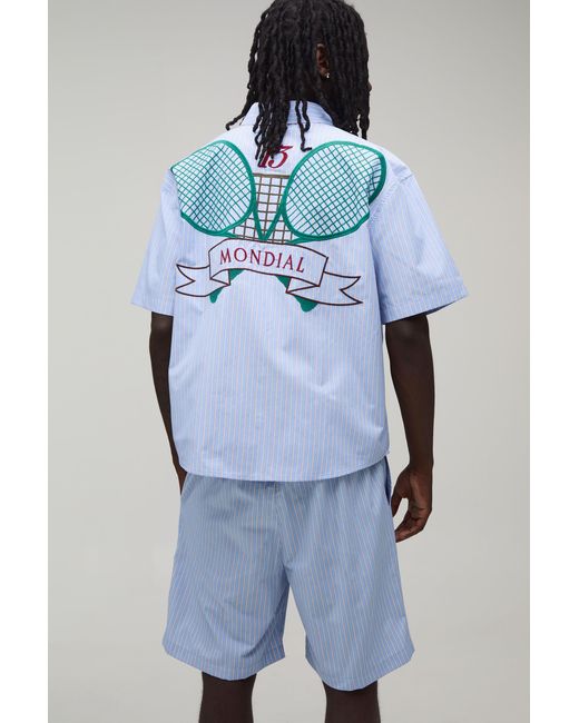 BoohooMAN Blue Tennis Embroidered Stripe Regular Fit Shirt & Short Set for men
