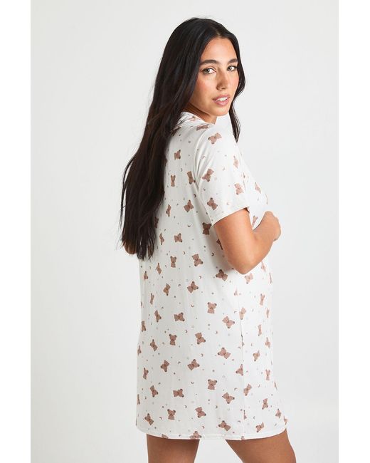 Boohoo White Maternity Bear Print Button Through Collar Nightie