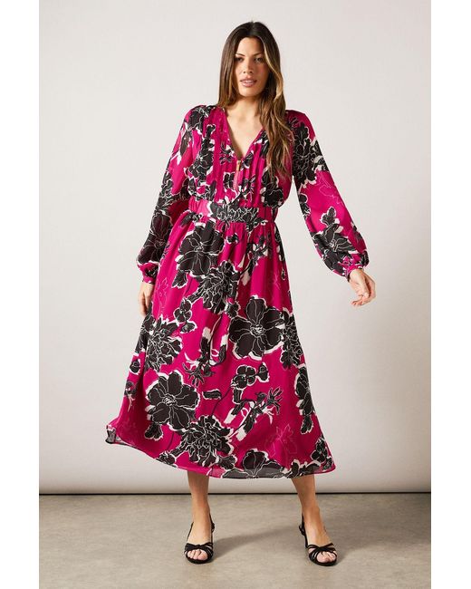 Wallis Pink Floral Pin Tuck Detail Zip Midi Dress