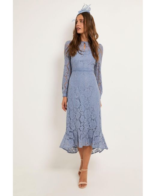 Wallis Blue Lace High Neck Ruffle Midi Dress