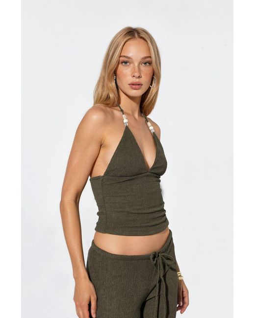 Busem Green Fitted Halterneck Crop Blouse With Tie Detail