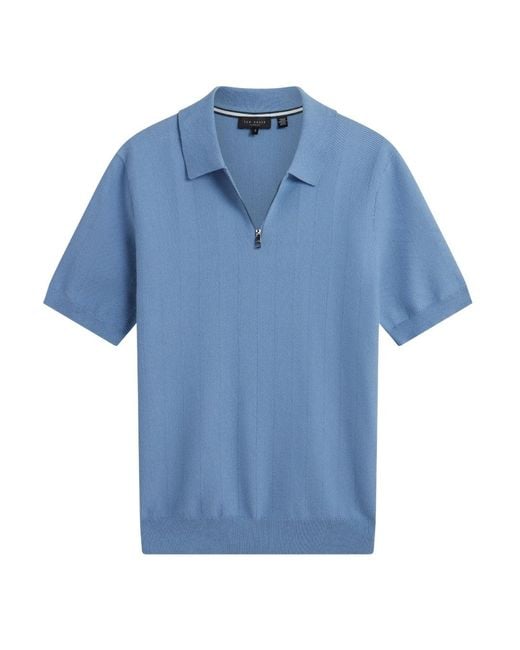 Ted Baker Blue Fourd Herringbone Stitch Zip Polo Shirt for men