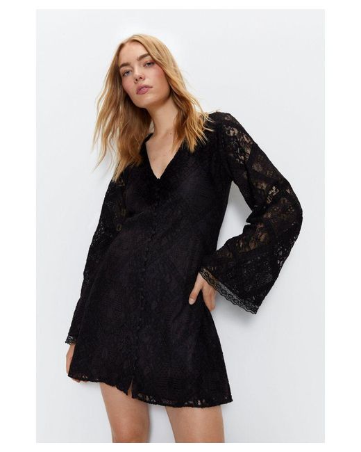 Warehouse Blue Lace Covered Button Flared Sleeve Mini Dress