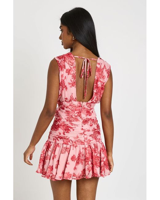 Boohoo Red Chiffon Plunge Front Floral Mini Dress