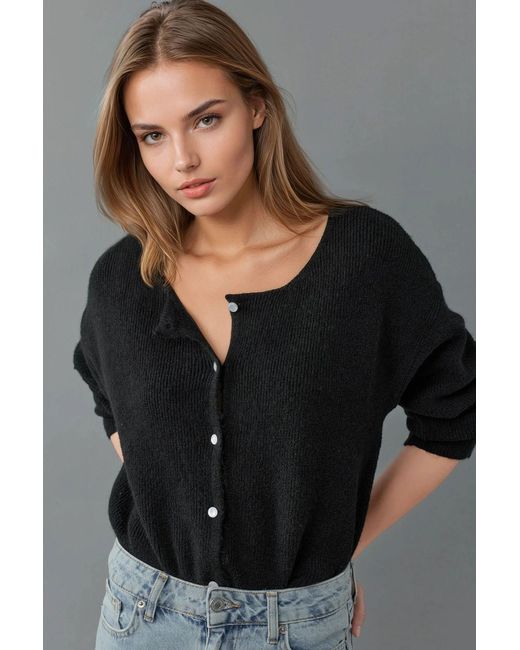 Hiccup Black Ultra Soft Crew Neck Buttoned Dual-Use Cardigan
