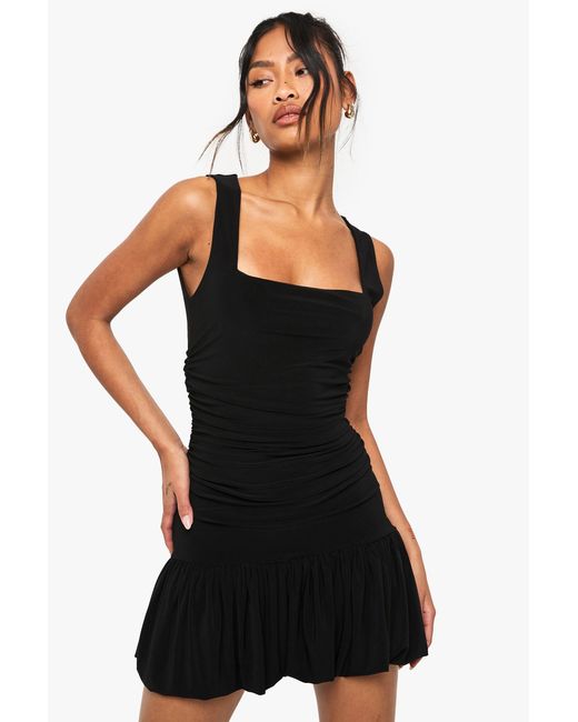 Boohoo Black Slinky Square Neck Ruched Detail Pleated Mini Dress