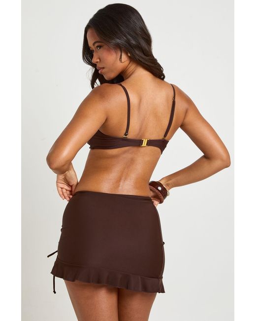 Boohoo Brown Ruched Tie Detail Frill Edge Beach Mini Skirt