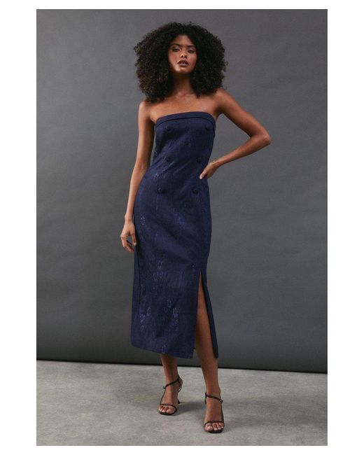 Warehouse Premium Lace Jacquard Bandeau Double Breasted Midi Dress in Blue Lyst UK