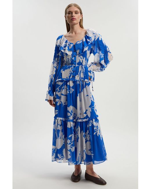 Karen Millen Blue Printed Georgette Ruffle Woven Maxi Dress