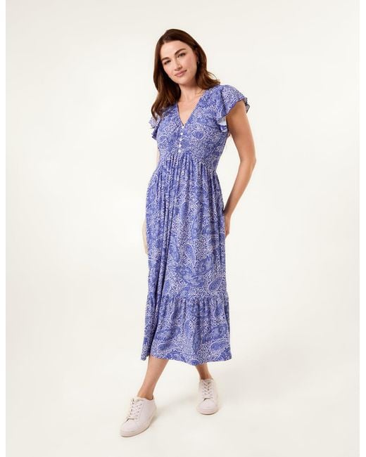 Blue Vanilla Blue Frill Sleeve V Neck Button Front Midi Dress