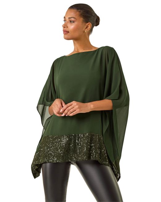 Roman Green Sequin Hem Contrast Tunic Top