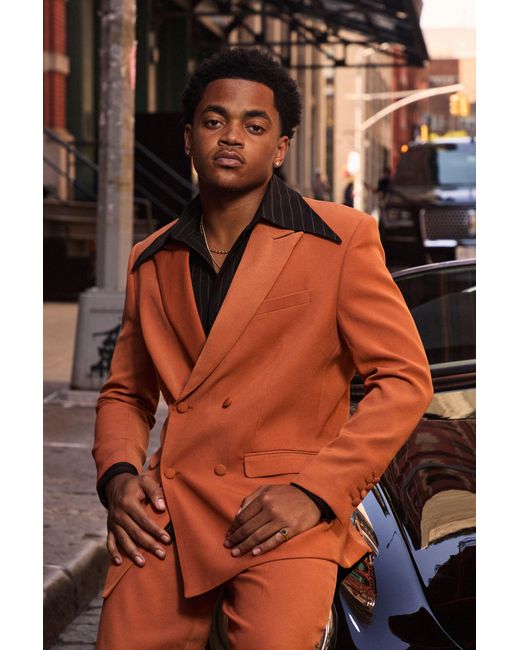 BoohooMAN Brown Double Breasted Suit Jacket for men