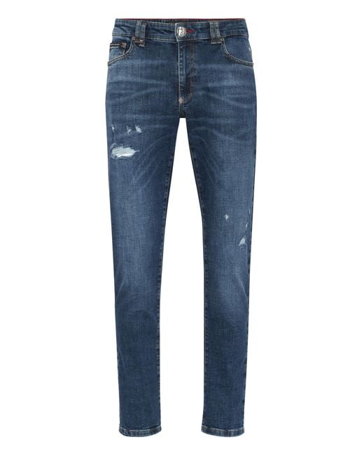 Philipp Plein Destroyed Slim Fit Jeans in het Blue voor heren